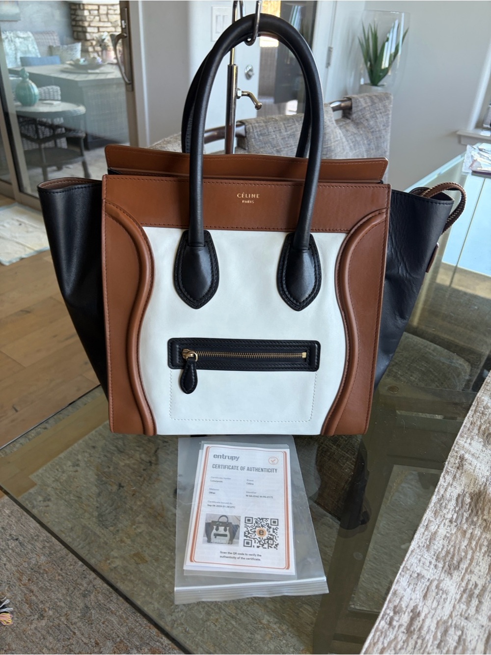 Celine Tri-Panel Leather Satchel in White, Brown & Black coa